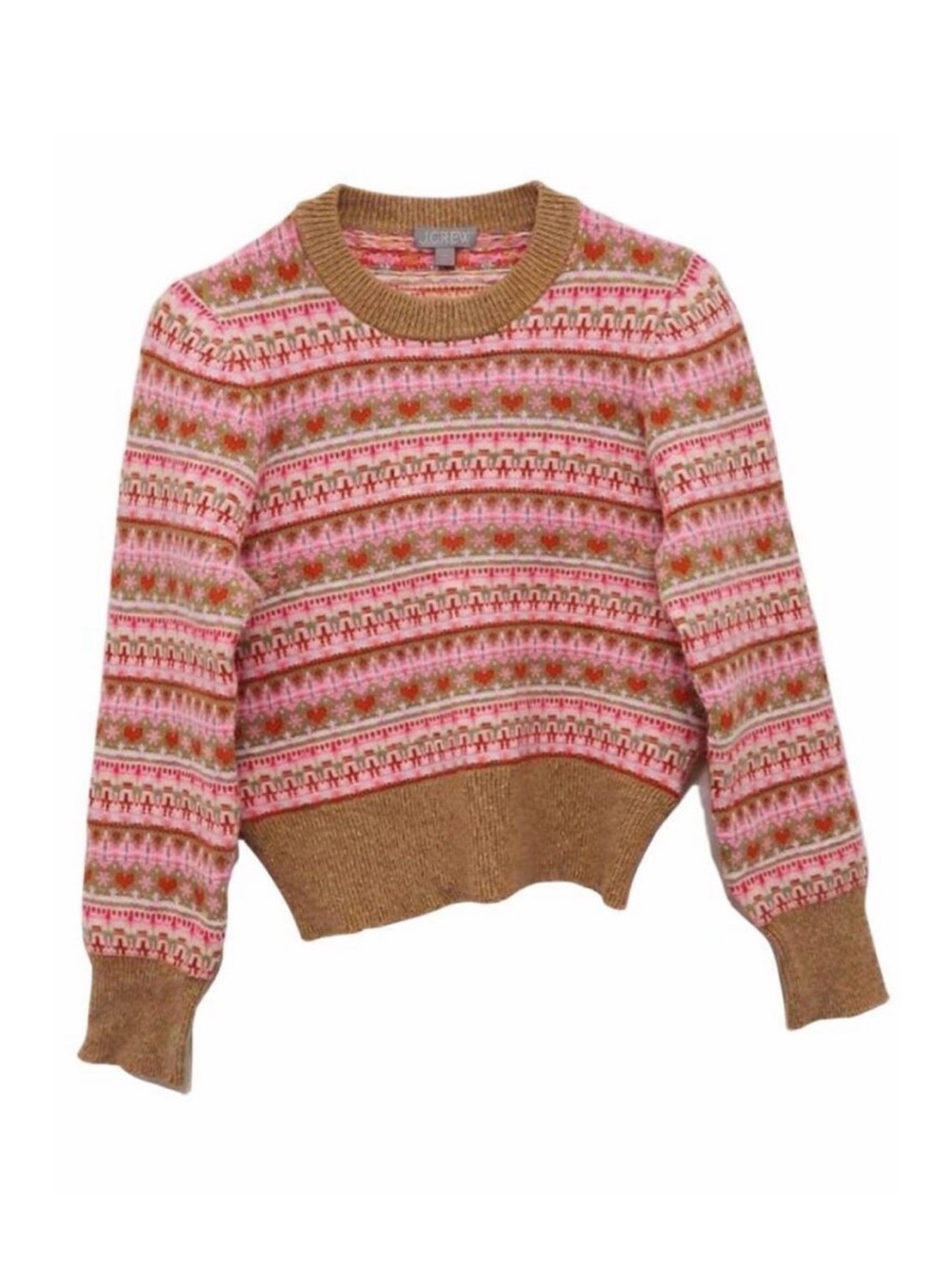 J. Crew Pink and Brown Patterned Fair Isle Crewneck Sweater